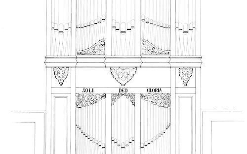 Tekening van het orgel zoals het in Andelst gerealiseerd moet worden. Beeld Sicco Steendam