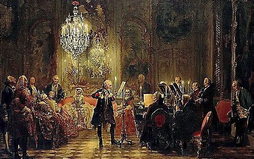 C.P.E. Bach werkte lange tijd als hofmusicus in Berlijn. Adolph Menzel maakte in 1852 een schilderij van Bach die op het klavecimbel de vorst en fluitist Frederik de Grote begeleidt.         Beeld Google Art Project