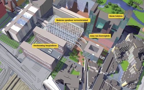 DEN HAAGâ€“ Den Haag Centraal zoals dat er over vijf jaar uit moet zien. Rechts een bovenaanzicht van het stationsgebied, met in het midden het glazen dak van de nieuwe stationshal. Illustraties Gemeente Den Haag