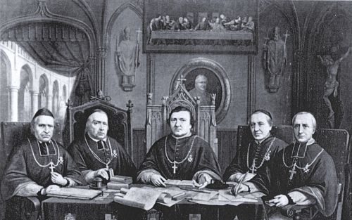 In de negentiende eeuw won het rooms katholicisme in Nederland snel terrein, met name door het ontvangen van gelijke burgerrechten. Op de foto het voltallige episcopaat tijdens een provinciaal concilie in 1865. Foto Minderbroeders, Weert