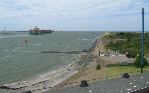 HOEK VAN HOLLAND â€“ Het is een komen en gaan van schepen in de Maasmond bij Hoek van Holland. De pier langs de Nieuwe Waterweg is een geliefde plek voor wandelaars.Foto RD