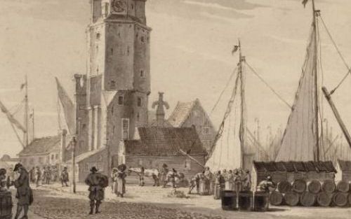 AMSTERDAM â€“ De Amsterdamse Haringpakkerstoren in 1766, met de karakteristieke, door Hendrik de Keyser ontworpen spits. Over twee jaar moet het bouwwerk herrezen zijn. Foto ANP