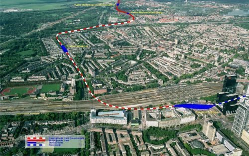 ROTTERDAM â€“ Tussen het Sint Franciscus Gasthuis en Rotterdam Centraal wordt woensdag begonnen met het boren van een tunnel voor RandstadRail (de stippellijn). In Nederland is niet eerder een tunnel geboord onder stedelijk gebied.- Foto RandstadRail