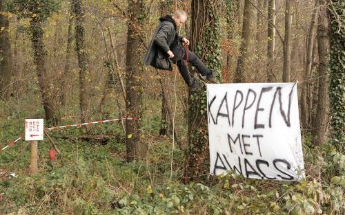 SCHINVELD â€“ Ondanks de kou en het vocht klauteren activisten van Groenfront! de bomen in het bos bij Schinveld in. De activisten krijgen steun van omwonenden, die bang zijn voor meer herrie door overvliegende radarvliegtuigen. Foto ANP