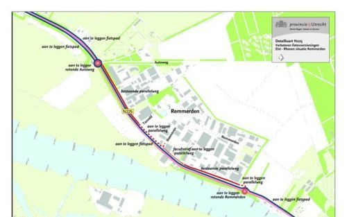 Een kaartje van de nieuwe fietsroute tussen Rhenen en Elst. De gemeenteraad van Rhenen gaf dinsdag toestemming voor de plannen.