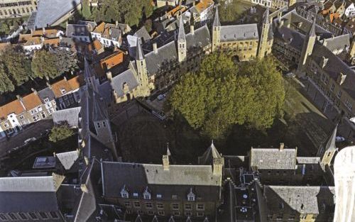 MIDDELBURG â€“ Het Abdijcomplex vanaf de Lange Jan, de toren van de Nieuwe Kerk die het beeldbepalende element is van het Middelburgse machtsbolwerk. De Abdij werd gesticht in 1121. Foto uit besproken boek