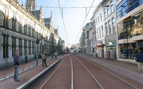 LEIDEN – Als Leiden woensdag bij het referendum ja zegt tegen de RijnGouweLijn door zijn binnenstad, ziet de belangrijkste winkelstraat, de Breestraat, er over drie jaar heel anders uit. Illustratie: Gemeente Leiden