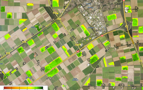 EMMELOORD – Het bedrijf WaterWatch uit Wageningen heeft met behulp van satellietbeelden inzichtelijk gemaakt hoe de graanoogst in delen van Flevoland uit zal vallen. Op de foto een aantal percelen ten zuidoosten van Emmeloord in de Noordoostpolder. De hel