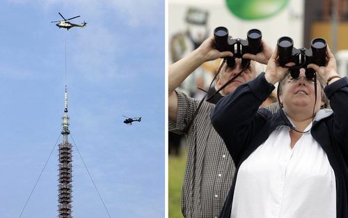 LOPIK – Een Zwitsers bedrijf plaatste donderdag met een helikopter een digitale antenne op de zendmast bij Lopik. De oude, 8000 kilo zware analoge antenne is verwijderd. Foto ANP