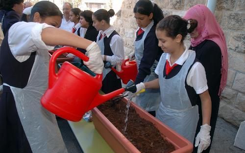 JERUZALEM – Palestijnse schoolmeisjes in Oost Jeruzalem ontvangen tulpenbollen uit Nederland. Foto Alfred Muller