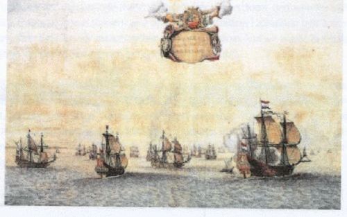 De vloot van Johan Maurits van Nassau-Siegen met rechts vooraan het admiraalsschip Barlaeus, naar een kopergravure van Frans Post in 1647. - Foto Universiteit Siegen