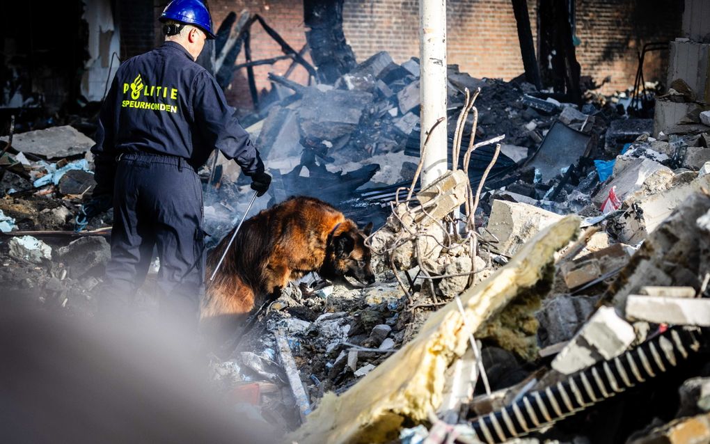 De politie zoekt met speurhonden naar vermisten op de ramplocatie na de explosie in Rotterdam. beeld ANP