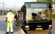 Een reiziger stapt met zijn fiets in een NS-bus bij station van Zwolle. beeld ANP