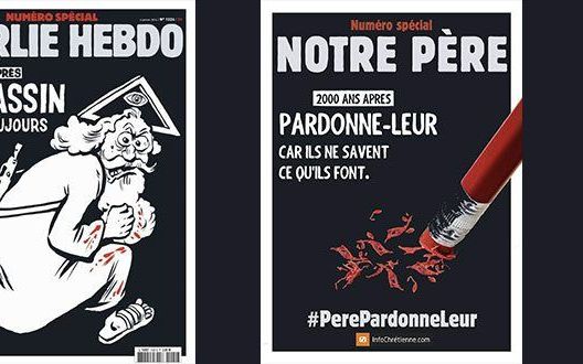 Info Chrétienne stelt sprakeloos te zijn vanwege de „trieste” herdenkingscartoon van Charlie Hebdo (links). Vanuit christelijk perspectief wil ze er een andere tekening tegenover zetten (rechts). „Onze Vader, vergeef hun, want zij weten niet wat zij doen”