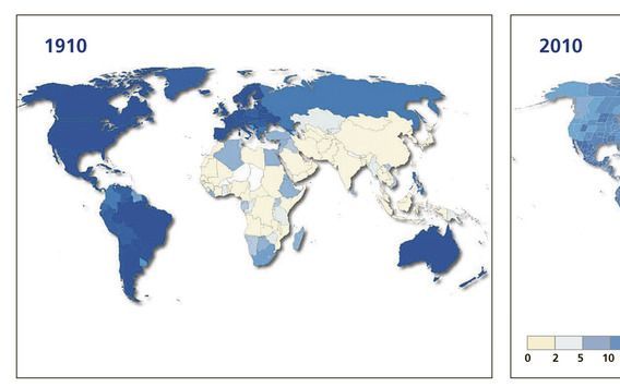 Het percentage christenen per land in 1910. In de jaren daarna zou het christendom zich verspreiden in grote delen van Afrika. Infographics Edinburgh University Press Het percentage christenen per gebied in 2010. Het zwaartepunt van het christendom versch