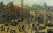Brugge op een schilderij uit 1750 van een onbekende schilder. In het midden achteraan prijkt de Sint-Donaaskathedraal, die van 1559 tot 1799 de bisschopszetel van het bisdom Brugge vormde. De kathedraal werd in de Franse tijd (1800) afgebroken. Illustrati