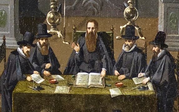 Het moderamen van de Synode van Dordrecht: Sebastiaan Damman, Jacobus, Rolandus, Johannes Bogerman, Herman Faukelius en Festus Hommius. Fragment van een schilderij van Pouwels Weyts (1621). beeld Dordrechts Museum
