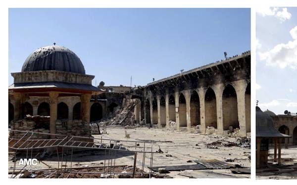 Na zware beschietingen vorig jaar stortte de beroemde minaret van de Ommayadenmoskee in Aleppo in. De minaret die dateerde uit de achtste eeuw, was een van de oudste ter wereld. Wie verantwoordelijk was voor de puinhoop viel niet te achterhalen. beeld AMC