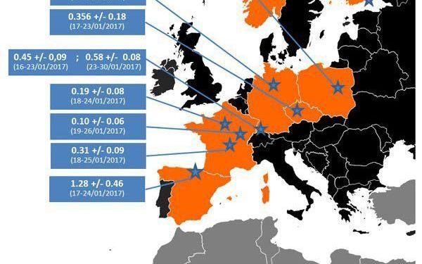 Meetwaarden van verhoogte jodiumgehalten in Europa. beeld IRSN