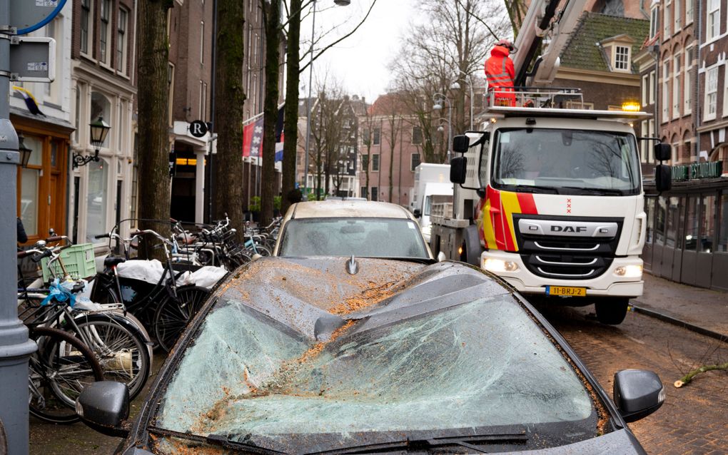 Op de Stromarkt in het Amsterdamse centrum is een geparkeerde auto beschadigd geraakt door een gevallen boom. beeld ANP, EVERT ELZINGA