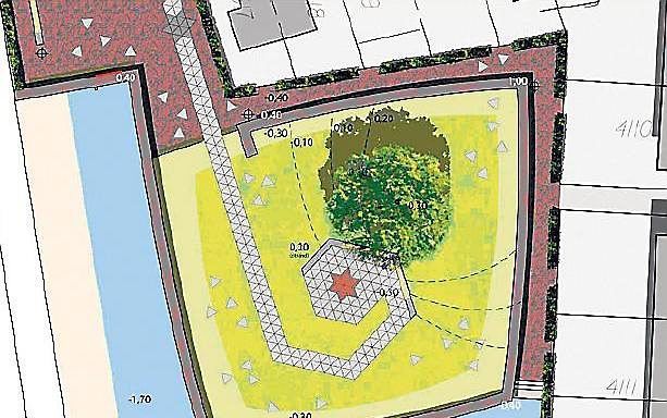 Schets van de gedenkplek die de gemeente Alphen aan den Rijn inricht op de plaats van de voormalige Joodse begraafplaats. Graphic Alphen a/d Rijn