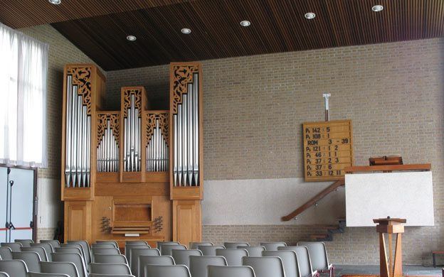 Interieur van kerkgebouw De Hoeksteen in Veenendaal. Beeld Wikimedia