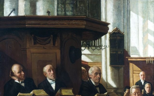 Ouderlingen in de Nieuwe Kerk in Amsterdam omstreeks 1894. Schilderij van Bernard de Hoog.