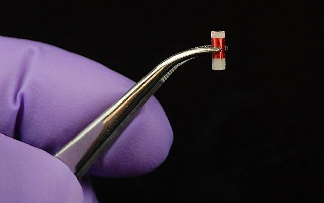 De implanteerbare biosensor geeft draadloos meetgegevens vanuit de tumor door aan een computerprogramma. De arts kan op basis daarvan de dosering aanpassen of een andere chemo starten als de eerste niet aanslaat. beeld MIT