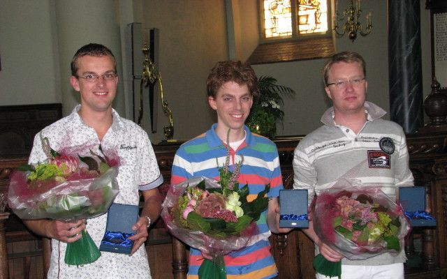 De winnaars van het concours (v.l.n.r.): Jochem Schuurman, Matthijs Visscher en Arjan van Hees. Foto Govert van Wijn Orgelconcours