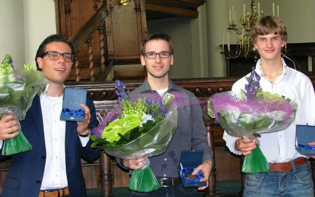 De prijswinnaars (v.l.n.r.): Gerard Verweij, Arjan Veen en Diederick Clements. Beeld Govert van Wijn Orgelconcours