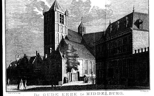 Faukelius werd begraven in de Oude Kerk te Middelburg. Deze kerk werd in de negentiende eeuw gesloopt. Foto Zeeuws Museum