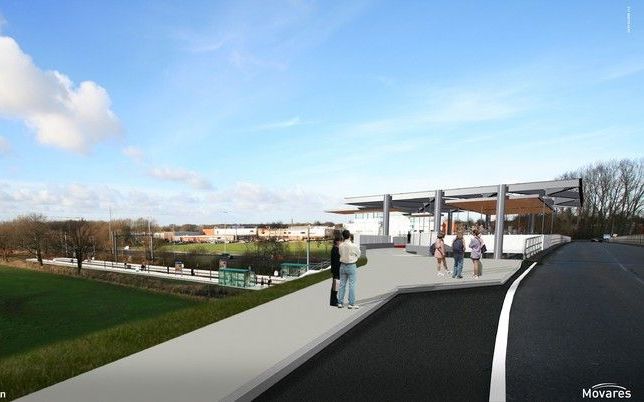 NIJKERK – Vanaf het parkeerterrein bij het nog te bouwen station Hoevelaken loopt een loopbrug voor voetgangers over de A1 naar het station. Artist Impression ProRail