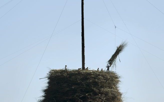 Bouwers van het paasvuur in Espelo. Foto Marcel van den Bergh