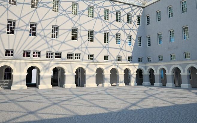 AMSTERDAM - De binnenplaats van het Nederlands Scheepvaartmuseum in Amsterdam krijgt een glazen overkapping met een spanwijdte van 50 meter. Het dak is onderdeel van een grootscheepse renovatie van het museum die in de zomer van 2011 klaar moet zijn. Op d