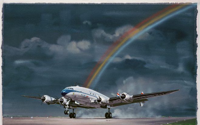 De Lockheed Constellation van de KLM, geschilderd door Thijs Postma. In Aviodrome opent Martin Schröder, oprichter van Martinair, donderdag de expositie ”100 jaar Luchtvaart in Nederland” met werken van luchtvaartschilder Postma. Foto Thijs Postma