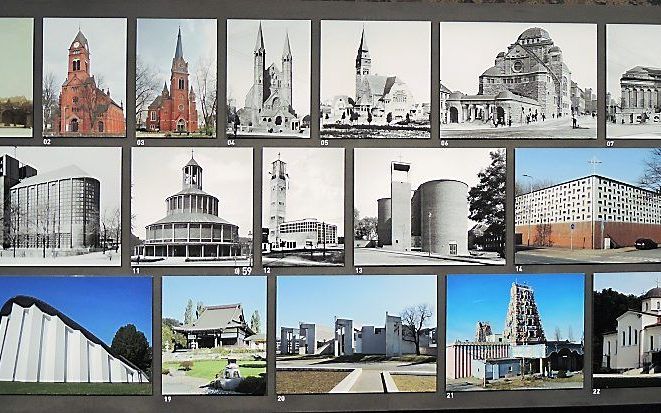 Fotocollage van kerken en andere religieuze gebouwen in het Rijnland, zoals die te zien was tijdens een tentoonstelling in Essen in 2017 over de Reformatie. beeld RD