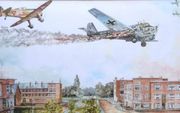 Sergeant vlieger Guus Kiel schoot op 10 mei 1940 vroeg in de morgen boven Den Haag al een Junkers Ju 52 neer, die vol parachutisten zat. Een achtjarige jongen op de Renswoudelaan zag het gebeuren, en liet er later een schilderij van maken. Links de Fokker