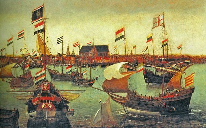 Schepen van de Verenigde Oostindische Compagnie (VOC) op het IJ voor Amsterdam. Schilderij uit besproken boek