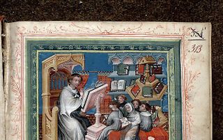 Pierre le Maguer geeft onderwijs aan kinderen met en zonder kruinschering. Afbeelding in de ”Bible historiale van Guiart des Moulins, 1415-1420. Foto WBooks