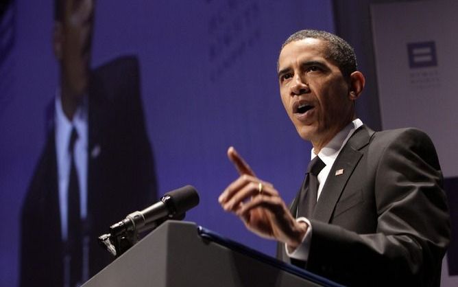 President Obama sprak afgelopen zaterdag leden van de grootste homo-organisatie in de Verenigde Staten toe. Het Amerikaanse staatshoofd deed vergaande beloften om gelijkberechtiging van homo’s te bevorderen. Foto EPA