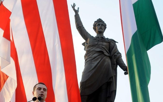 Viktor Orban tijdens een verkiezingstoespraak in Boedapest. Foto EPA