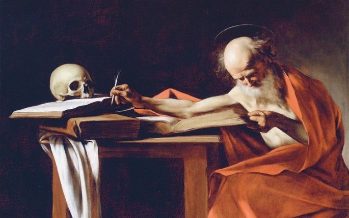 Hiëronymus op een schilderij van Caravaggio. De kerkvader is afgebeeld als een studerende geleerde in gezelschap van een leeuw (hij zou het dier van een doorn in zijn poot verlost hebben), met een steen (waarmee hij zijn onwillige lichaam kon tuchtigen), 