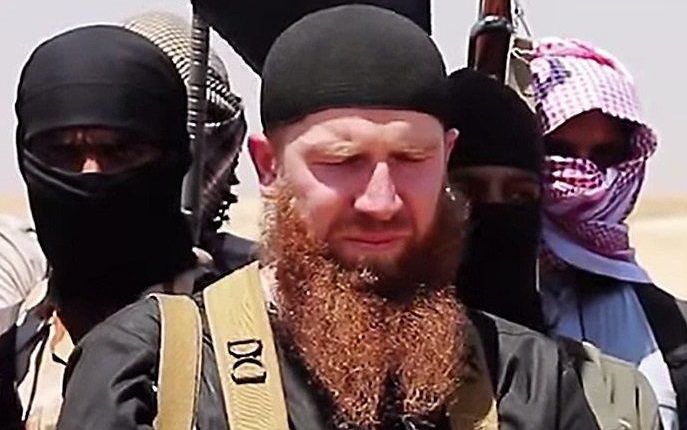 IS-leider Abu Omar al-Shishani, , ook bekend als de ‘rode Tsjetsjeen’, zo genoemd naar zijn lange rode baard. beeld AFP