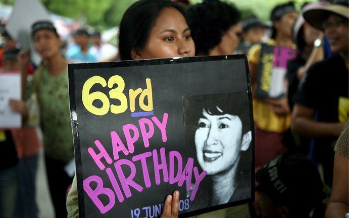 Protest tegen de gevangenhouding van Suu Kyi tijdens haar 63ste verjaardag, vorige maand in New Delhi. Foto EPA