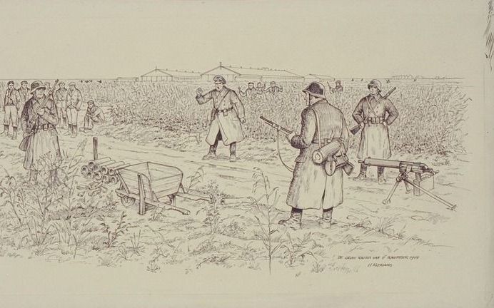 MARKNESSE – Lange tijd was de Noordoostpolder een veilige plaats voor mannen die niet naar Duitsland wilden. Op 17 november 1944 maakten de Duitsers bruut een eind aan het Nederlands Onderduikers Paradijs. Tekening collectie H. J. Rotgans, Nieuw Land Erfg