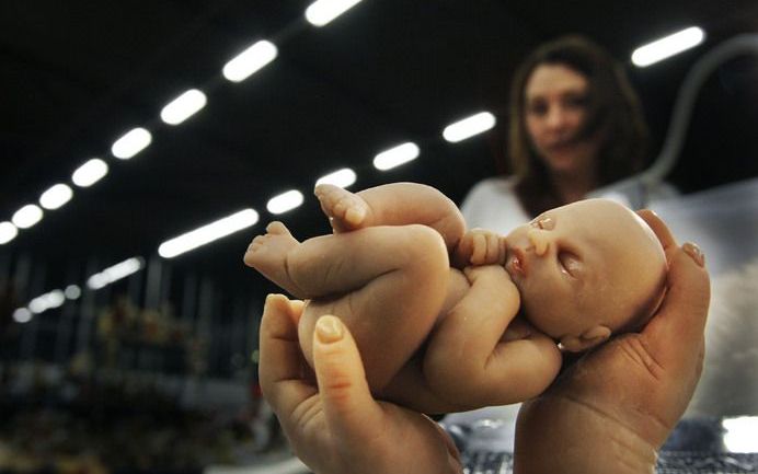 Aan de Duitse grens is zondagavond een pasgeboren babytje te vondeling gelegd. Op de foto een babypop op een poppenbeurs. Foto ANP