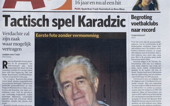 ROTTERDAM - Radovan Karadzic donderdag op een foto op de voorpagina van het AD. Foto ANP