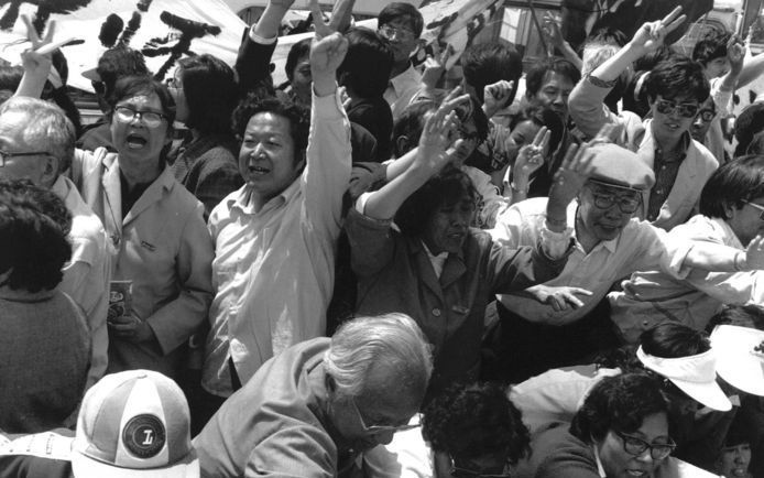 Demonstratie van docenten op het Plein van de Hemelse Vrede in Peking, 1989. Foto EPA