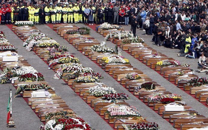 Duizenden mensen woonden vrijdag de begrafenisceremonie bij voor de slachtoffers van de aardbeving in de Italiaanse regio Abruzzen. Foto EPA