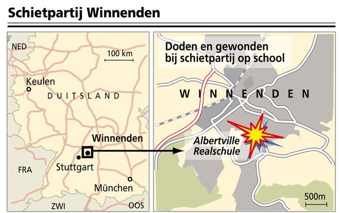 Een Duitse scholier richtte woensdagmorgen op zijn vroegere middelbare school in Winnenden een bloedbad aan. Bij de schietpartij kwamen vijftien mensen om het leven. Foto ANP